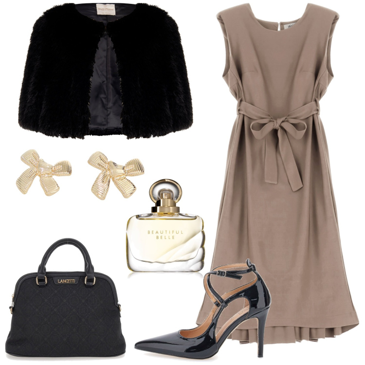 Outfit donna - A teatro. Stile Chic per Serata fuori. Abbinamento con profumi, blazer, vestiti senza maniche, orecchini, borse a spalla, décolleté.