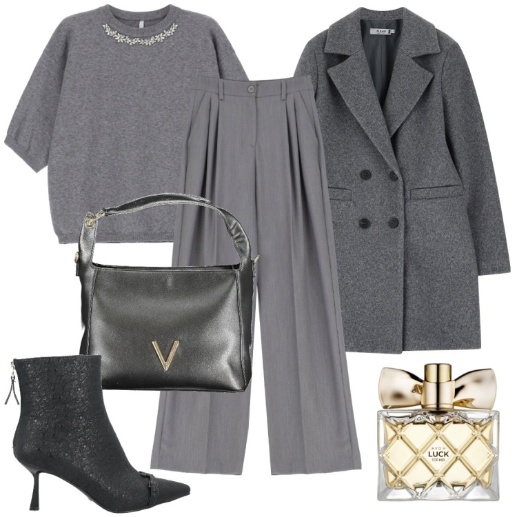 Outfit donna - Aperitivo di lavoro. Stile Chic per Serata fuori. Abbinamento con stivaletti, profumi, cappotti, maglieria, pantaloni, borse a spalla.