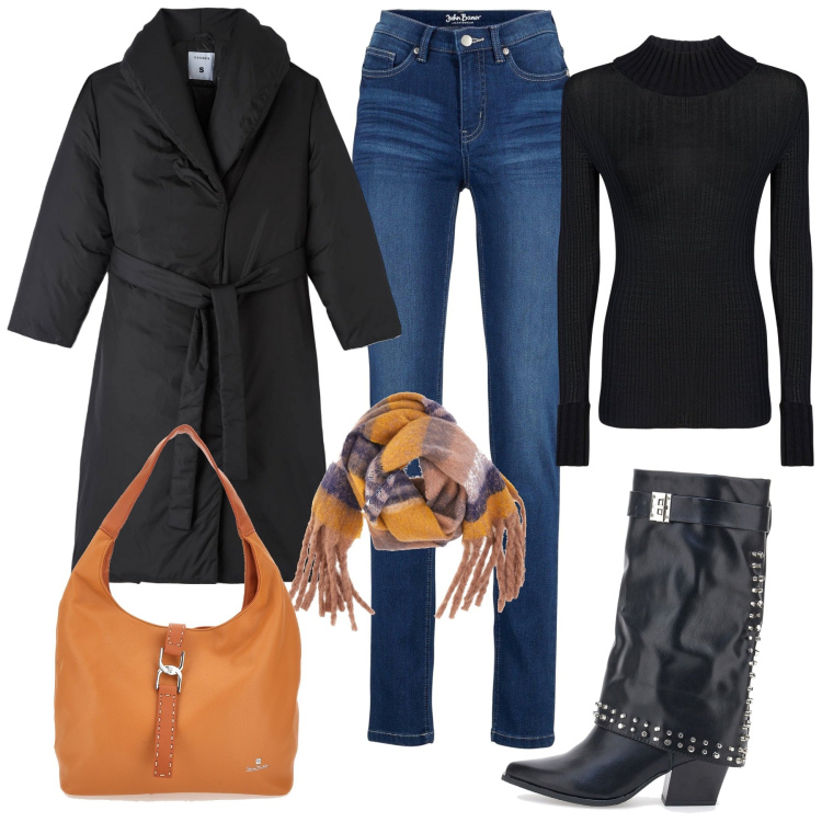 Outfit donna - Gennaio. Stile Casual chic per Tutti i giorni. Abbinamento con jeans slim fit, piumini, sciarpe, maglieria, borse a spalla, stivali.
