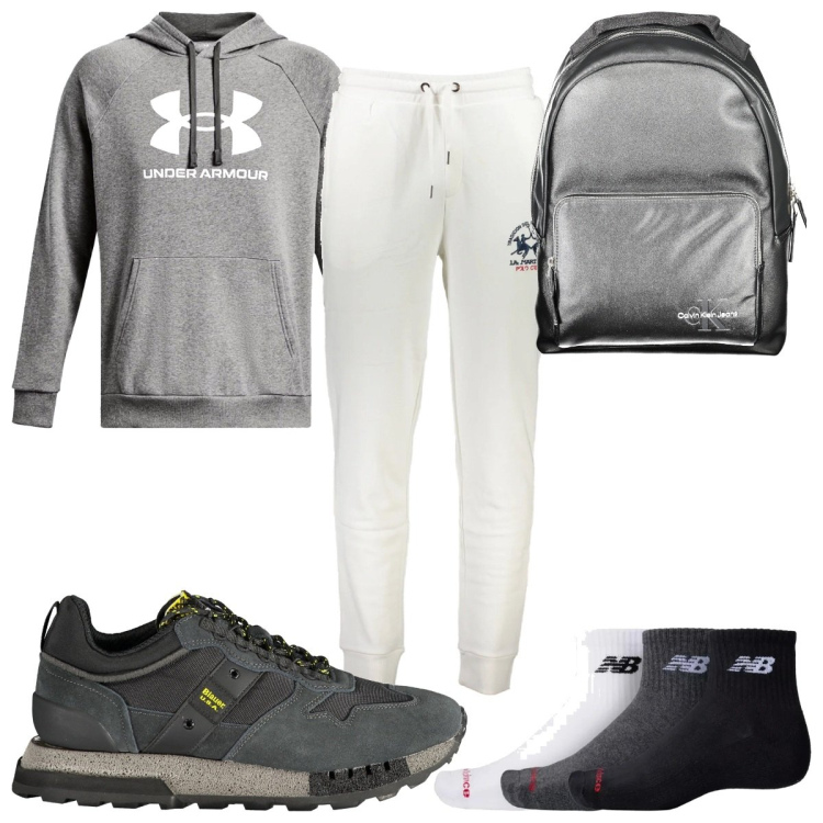Outfit uomo - Total look #2032720. Stile Trendy per Sport. Abbinamento con calzini, felpe con cappuccio, sneakers, pantaloni, borse sportive.