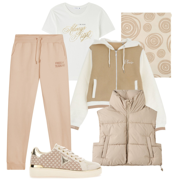 Outfit donna - Sportiva in tonalità neutra. Stile Casual per Tutti i giorni. Abbinamento con t-shirt, piumini, felpe con cappuccio, foulard, pantaloni, sneakers.