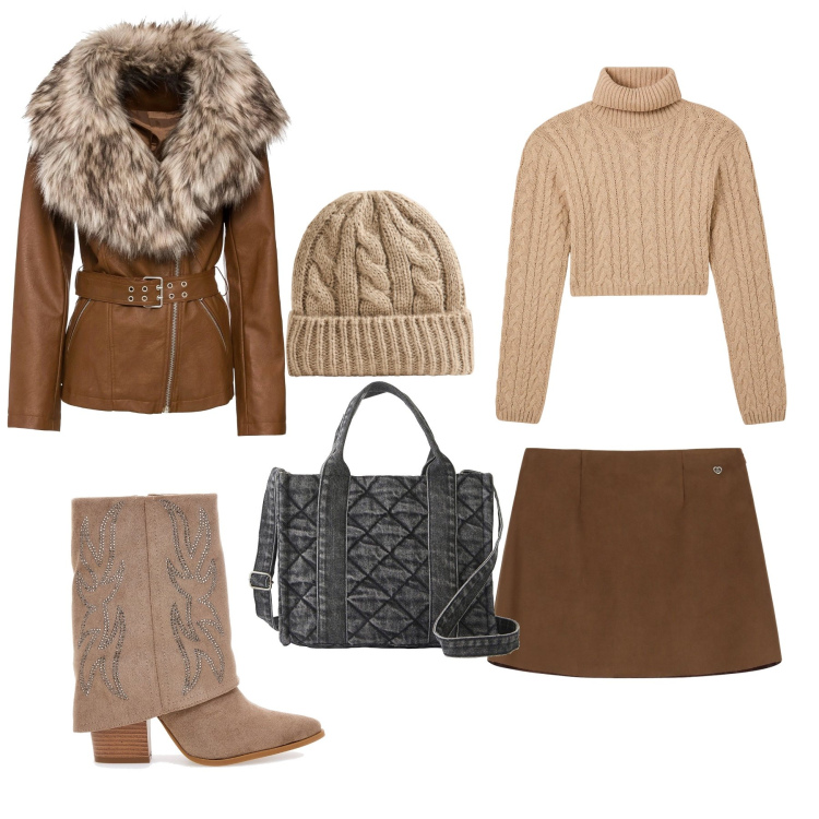 Outfit donna - In ufficio. Stile Casual chic per Tutti i giorni. Abbinamento con borse a mano, blazer, maglieria, berretti, minigonne, stivali.
