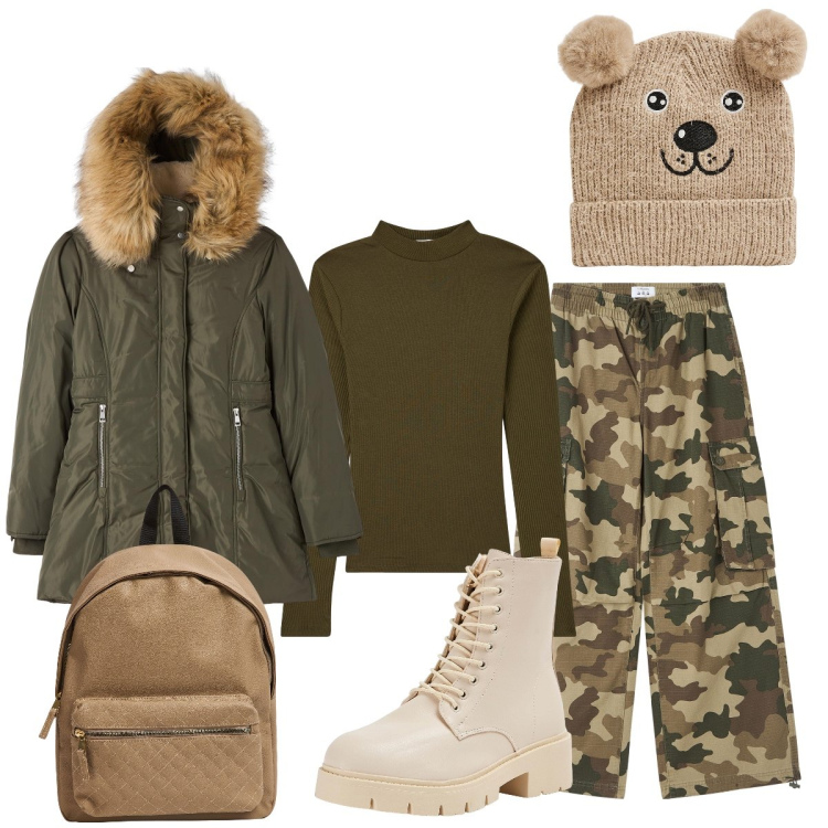 Outfit donna - In montagna. Stile Casual per Tutti i giorni. Abbinamento con berretti, parka, pantaloni cargo, anfibi, t-shirt, zaini.