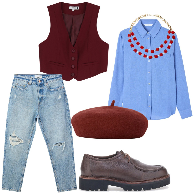 Outfit donna - Outfit androgino. Stile Casual per Ufficio. Abbinamento con jeans mom, camicie, gilet, collane, cappelli e berretti, scarpe stringate.