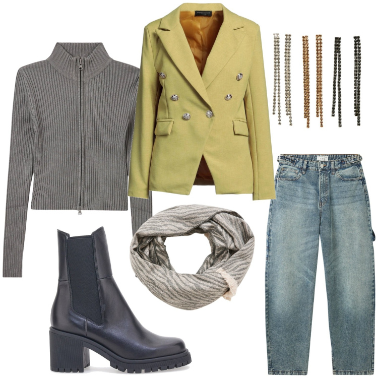 Outfit donna - La giacca military. Stile Trendy per Tutti i giorni. Abbinamento con blazer, jeans, cardigans, sciarpe, orecchini, stivaletti.