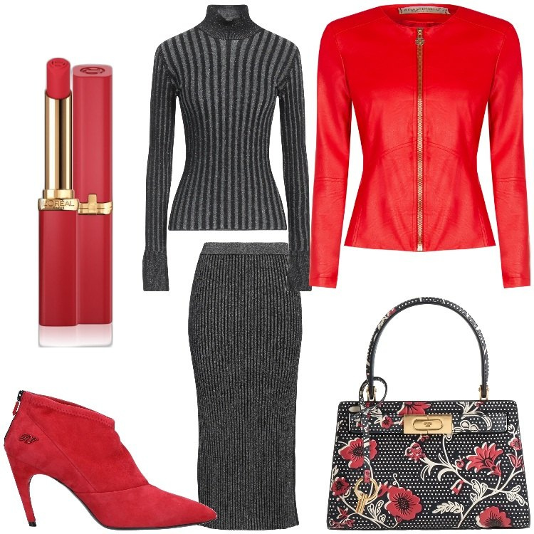 Outfit donna - Rosso rock. Stile Casual chic per Serata fuori. Abbinamento con borse a mano, maglieria, stivaletti, gonne longuette, rossetti, blazer.