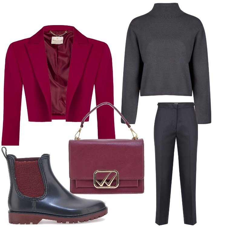 Outfit donna - Stivaletti e bolero. Stile Casual chic per Serata fuori. Abbinamento con blazer, borse a tracolla, stivaletti chelsea, cardigans, pantaloni.