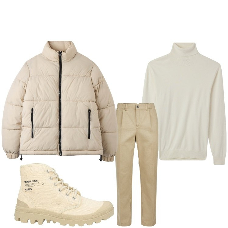 Outfit uomo - Tutto chiaro. Stile Casual per Tutti i giorni. Abbinamento con stivali e stivaletti, piumini, maglieria, pantaloni.