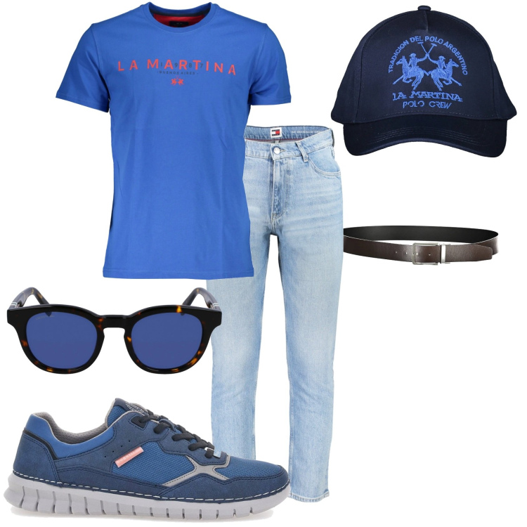 Outfit uomo - Un jeans e maglietta. Stile Casual per Tutti i giorni. Abbinamento con sneakers, cinture, occhiali da sole, jeans, t-shirt, cappelli con visiera.