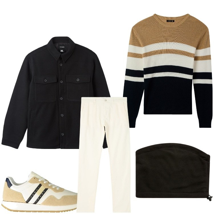 Outfit uomo - Righe. Stile Casual per Tutti i giorni. Abbinamento con pantaloni chino, maglieria, cappotti, scaldacollo, sneakers.