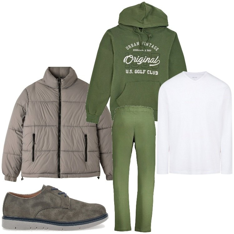 Outfit uomo - In felpa. Stile Casual per Tutti i giorni. Abbinamento con piumini, scarpe stringate, felpe, pantaloni, t-shirt.