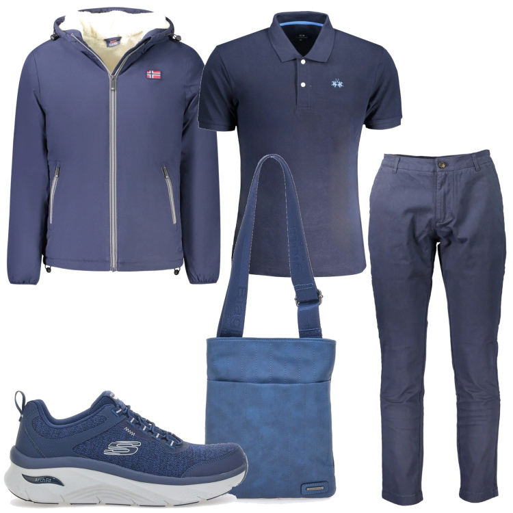 Outfit uomo - Blu la martina. Stile Urban per Tutti i giorni. Abbinamento con portafogli, sneakers, pantaloni, giacche, polo.