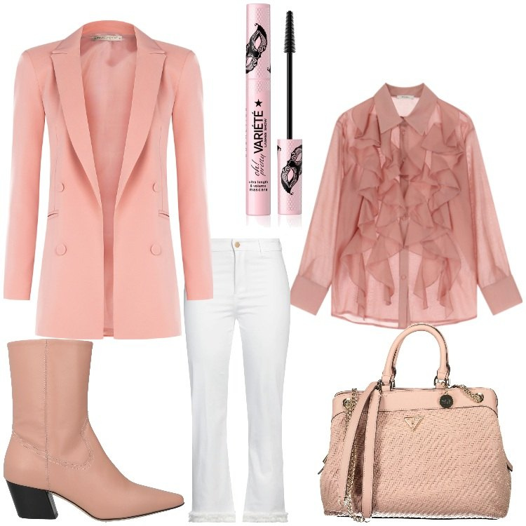 Outfit donna - Volants in ufficio. Stile Casual chic per Ufficio. Abbinamento con stivaletti texani, jeans dritti, mascara, blazer, camicie, borse a spalla.