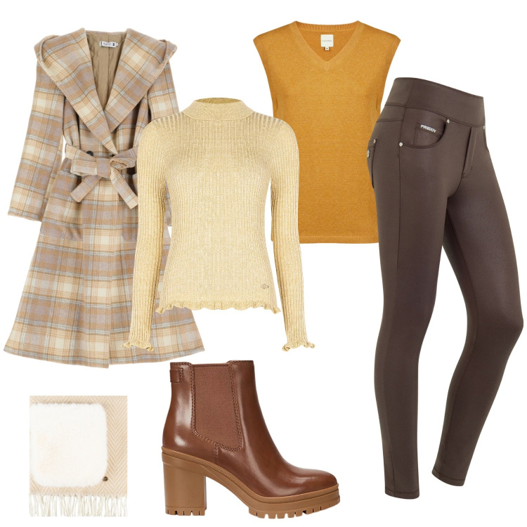 Outfit donna - Outfit a strati dai toni caldi. Stile Casual chic per Tutti i giorni. Abbinamento con maglieria, sciarpe, cappotti, jeans skinny, stivaletti chelsea, maglieria.