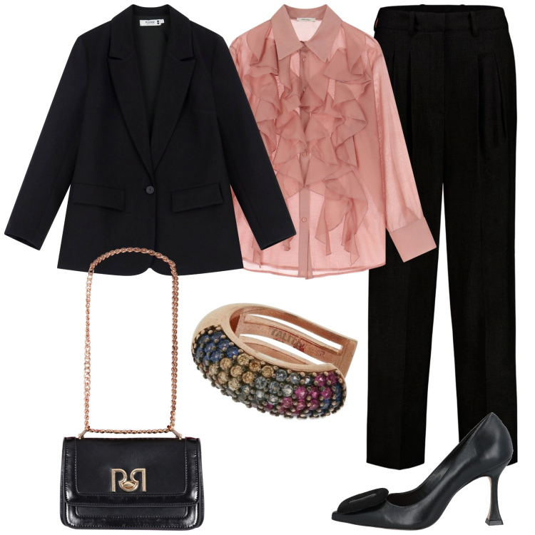 Outfit donna - Total look #2032765. Stile Chic per Serata fuori. Abbinamento con décolleté, blazer, borse a tracolla, camicie, pantaloni, orecchini.