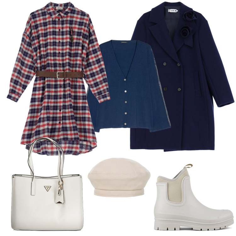 Outfit donna - Inverno dai colori marinari. Stile Casual per Tutti i giorni. Abbinamento con cappotti, vestiti, cappelli e berretti, stivali, cardigans, borse a spalla.