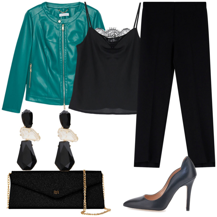 Outfit donna - Total look #2032768. Stile Chic per Serata fuori. Abbinamento con top, pochette, pantaloni, orecchini, décolleté, blazer.