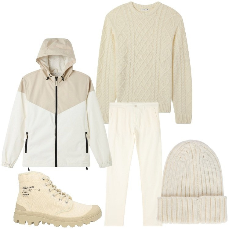 Outfit uomo - Bianco come la neve. Stile Casual per Tutti i giorni. Abbinamento con stivali e stivaletti, pantaloni chino, giacche, maglieria, berretti.
