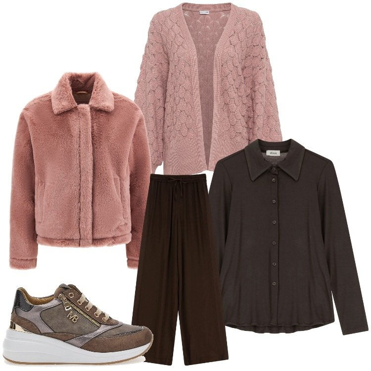 Outfit donna - Rosa antico. Stile Casual chic per Ufficio. Abbinamento con cardigans, cappotti, pantaloni, camicie, sneakers.