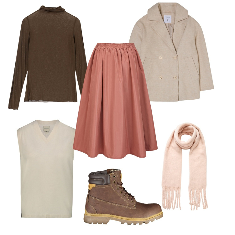 Outfit donna - La gonna midi rosa. Stile Trendy per Tutti i giorni. Abbinamento con caban, sciarpe, maglieria, gonne lunghe, maglieria, stivali.