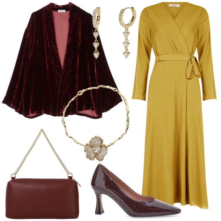 Outfit donna - Cerimonia a gennaio curvy edition. Stile Glamour per Cerimonia. Abbinamento con orecchini, vestiti chemisier, blazer, borse a tracolla, collane, décolleté.