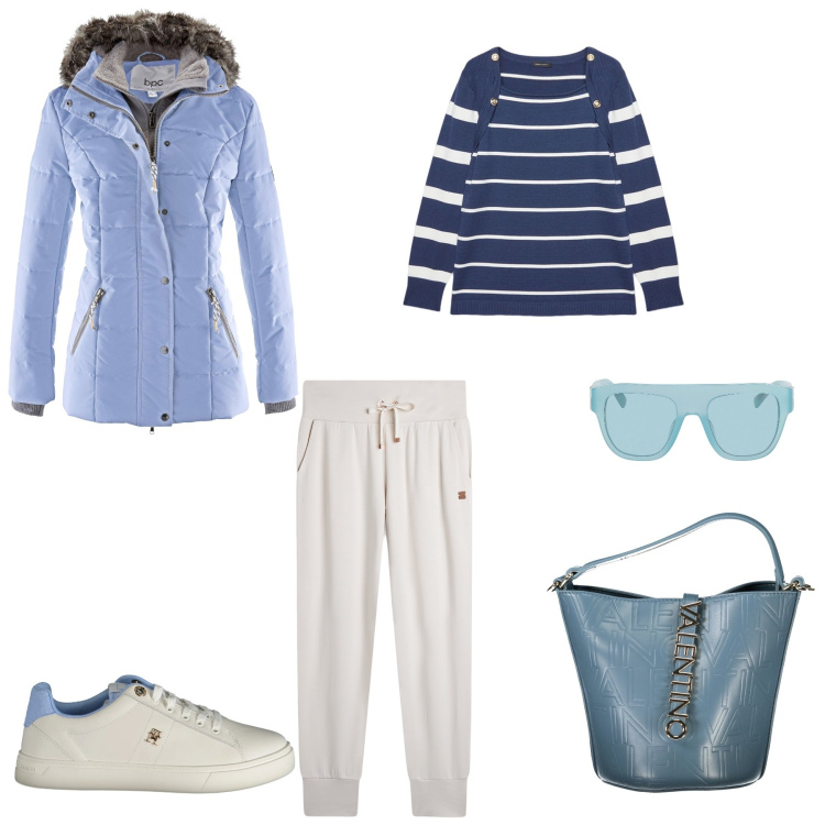 Outfit donna - Total look #2032799. Stile Casual per Tutti i giorni. Abbinamento con piumini, occhiali da sole, pantaloni, sneakers, maglieria, borse a mano.