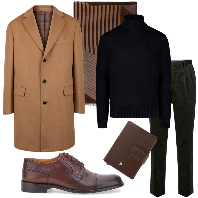 Outfit uomo - Appuntamento di lavoro. Stile Business/Elegante per Ufficio. Abbinamento con sciarpe, portafogli, scarpe stringate, cappotti, pantaloni, maglieria.