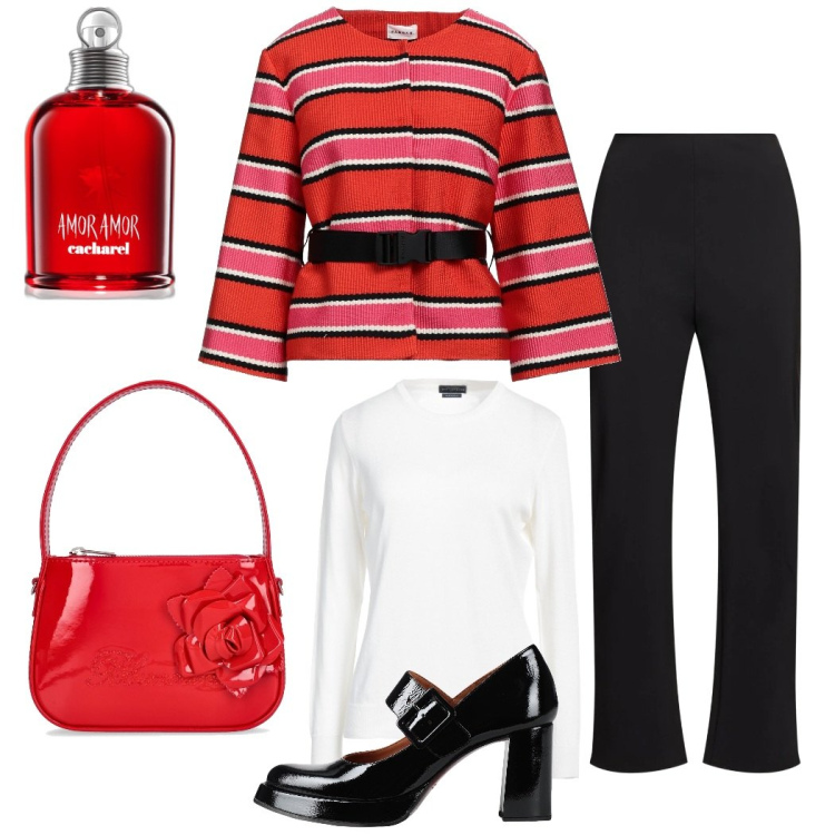 Outfit donna - La giacca a righe stile kimono. Stile Glamour per Serata fuori. Abbinamento con blazer, pullovers, décolleté, profumi, borse a mano, pantaloni.