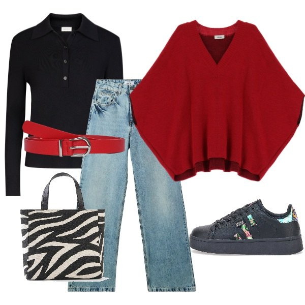 Outfit donna - il poncho per ogni occasione. Stile Casual per Tutti i giorni. Abbinamento con borse a mano, cinture, jeans, cappotti, polo, sneakers.