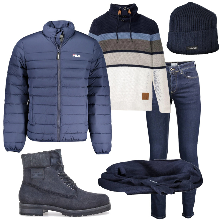 Outfit uomo - In città. Stile Casual per Tutti i giorni. Abbinamento con maglieria, stivali e stivaletti, berretti, jeans slim fit, sciarpe, giacche.