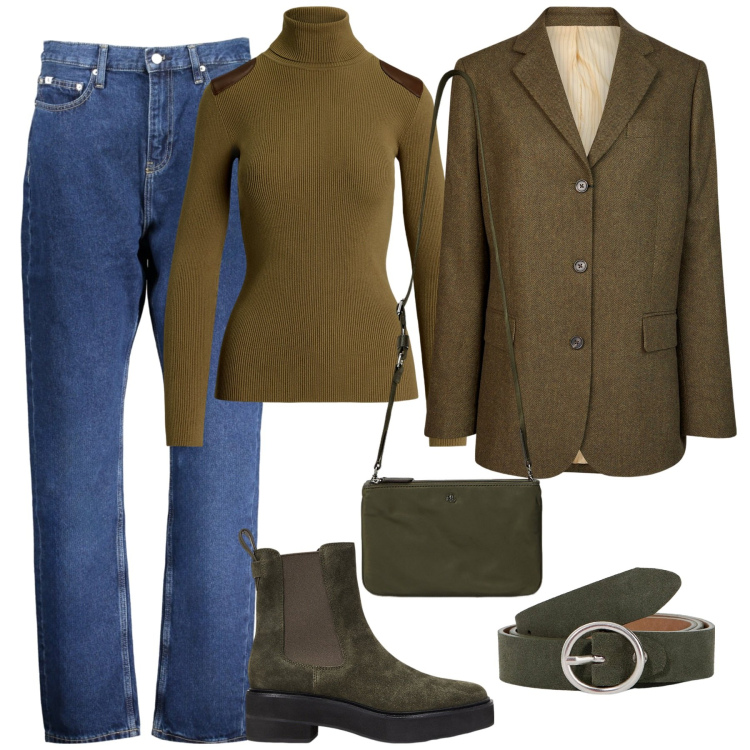 Outfit donna - New year, new layers. Stile Urban per Tutti i giorni. Abbinamento con cinture, stivaletti chelsea, borse a tracolla, maglieria, blazer, jeans dritti.