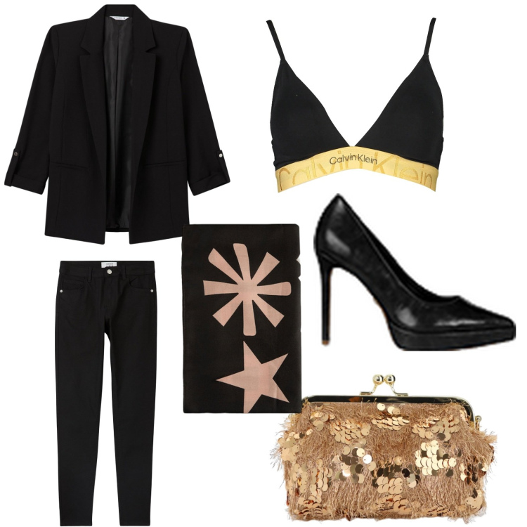 Outfit donna - Serata di gala. Stile Glamour per Serata fuori. Abbinamento con blazer, pantaloni skinny, décolleté, borse a spalla, sciarpe, reggiseni.