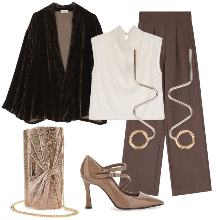 Outfit donna - Twin brown. Stile Chic per Cerimonia. Abbinamento con pantaloni, top, blazer, orecchini, pochette, décolleté.