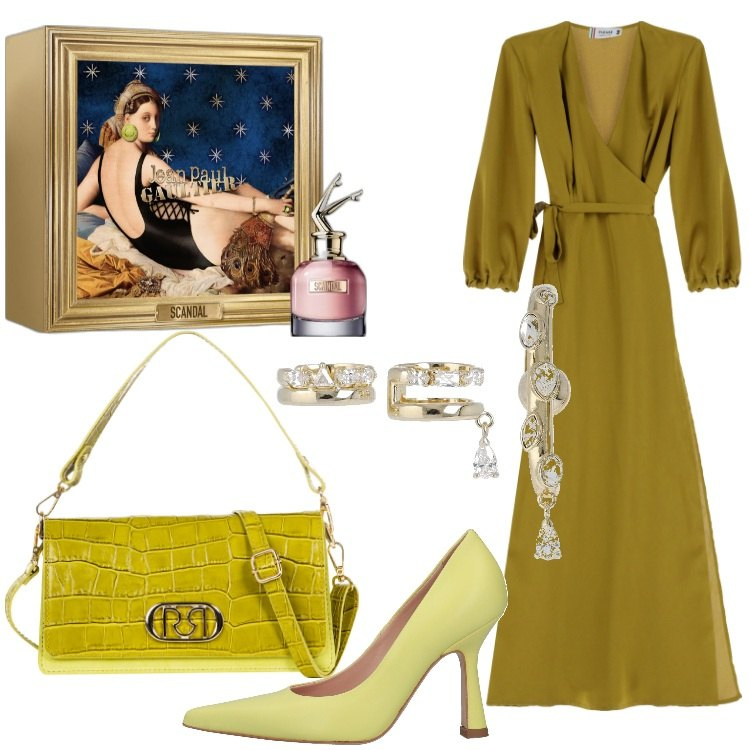 Outfit donna - Happy New Year. Stile Chic per Serata fuori. Abbinamento con décolleté, profumi, vestiti lunghi, borse a tracolla, orecchini.