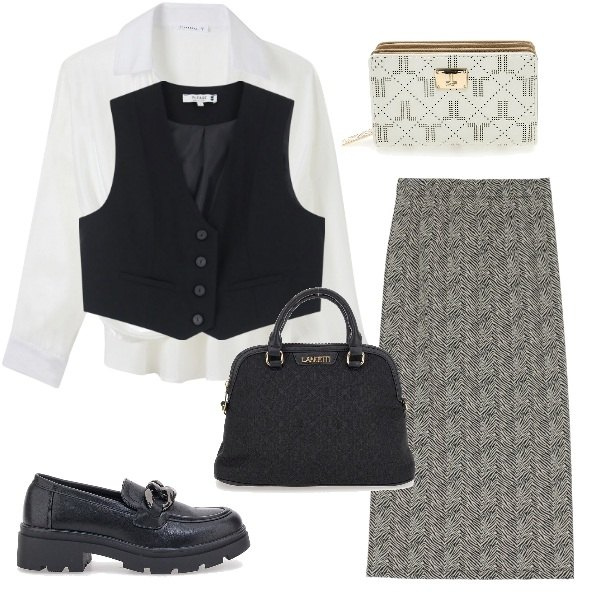 Outfit donna - Accessoriata per l\'ufficio. Stile Casual chic per Ufficio. Abbinamento con camicie, gonne, gilet, borse a spalla, portafogli, mocassini.