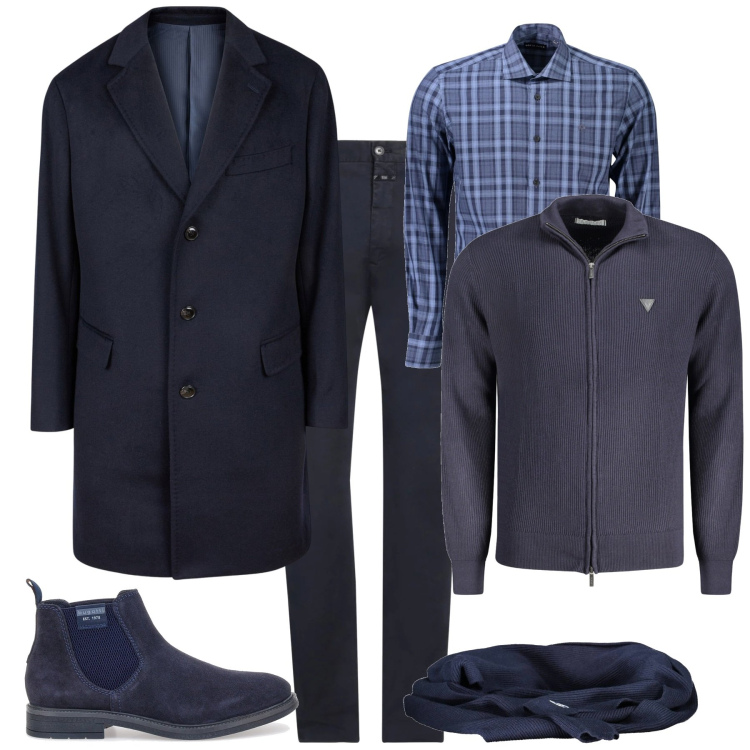 Outfit uomo - Total look #2032845. Stile Trendy per Ufficio. Abbinamento con pantaloni chino, stivali e stivaletti, sciarpe, camicie, cappotti, cardigans.