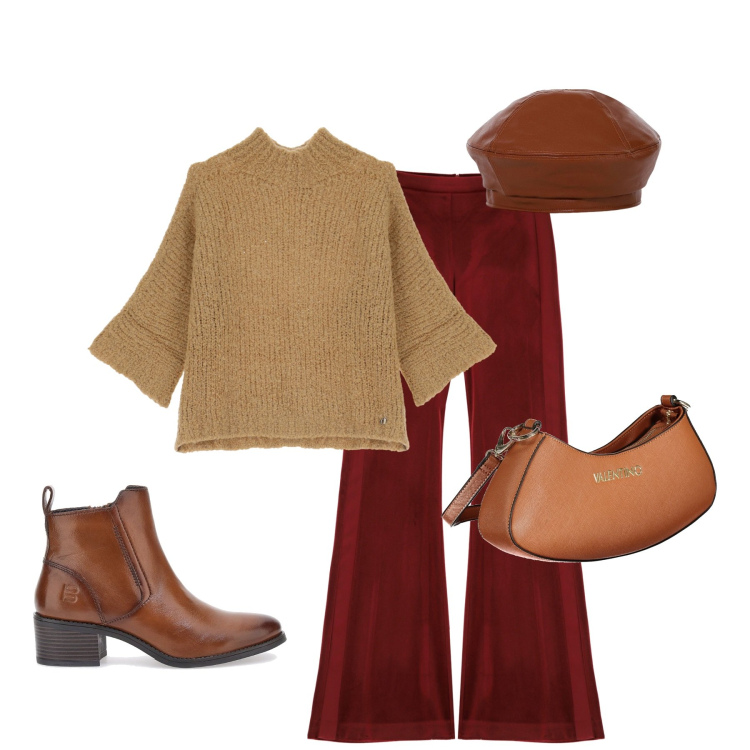 Outfit donna - Tonalità calde. Stile Casual chic per Tutti i giorni. Abbinamento con maglieria, cappelli e berretti, pantaloni, stivaletti, borse a spalla.