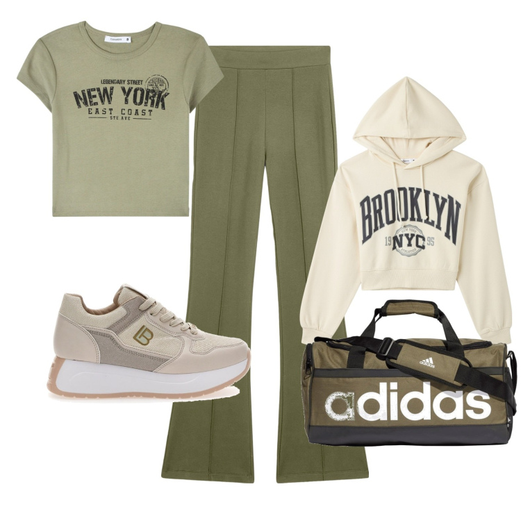 Outfit donna - Confy. Stile Sporty chic Abbinamento con t-shirt, felpe con cappuccio, pantaloni, sneakers, borse sportive.