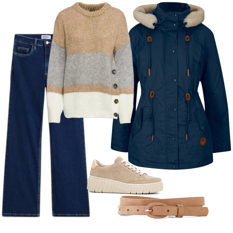 Outfit donna - Tendenze in denim. Stile Basic per Scuola/Università. Abbinamento con maglieria, parka, jeans, cinture, sneakers.