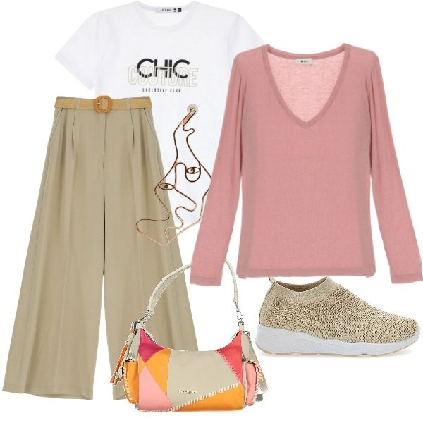 Outfit donna - Casual. Stile Casual per Tutti i giorni. Abbinamento con pantaloni a palazzo, t-shirt, maglieria, sneakers, orecchini, borse a spalla.