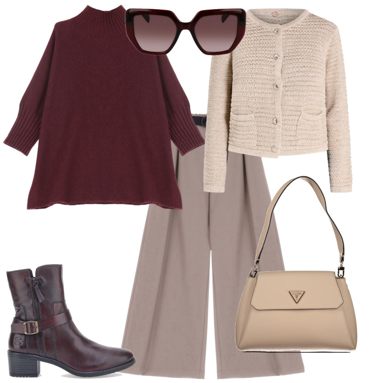 Outfit donna - Total look #2032859. Stile Chic per Ufficio. Abbinamento con cardigans, cappe, pantaloni, stivaletti texani, borse a spalla, occhiali da sole.