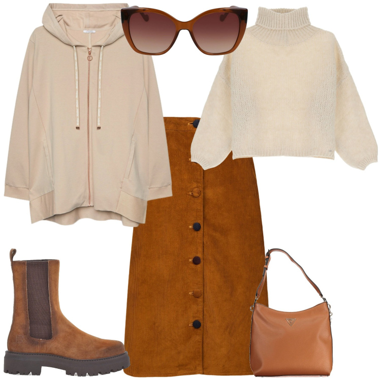 Outfit donna - Total look #2032869. Stile Casual per Ufficio. Abbinamento con maglieria, stivaletti chelsea, gonne longuette, borse a tracolla, felpe con cappuccio, occhiali da sole.