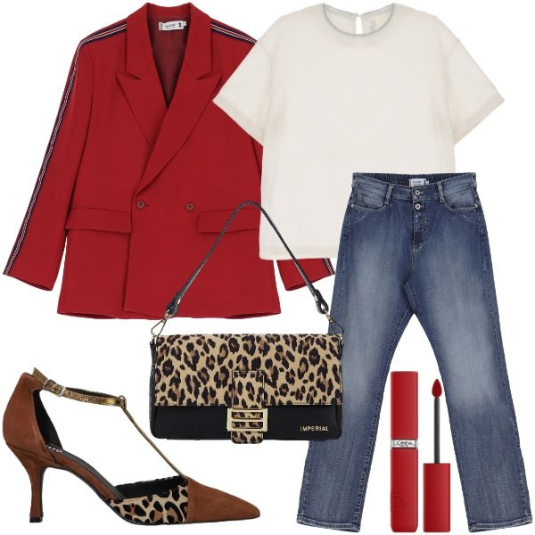 Outfit donna - Total look #2032871. Stile Casual chic per Serata fuori. Abbinamento con rossetti, jeans dritti, blazer, t-shirt, borse a spalla, décolleté.