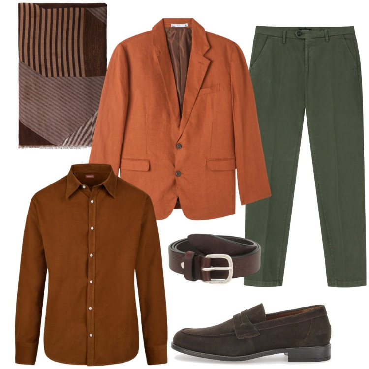 Outfit uomo - Country style. Stile Casual per Tutti i giorni. Abbinamento con giacche, cinture, sciarpe, pantaloni chino, scarpe stringate, camicie.