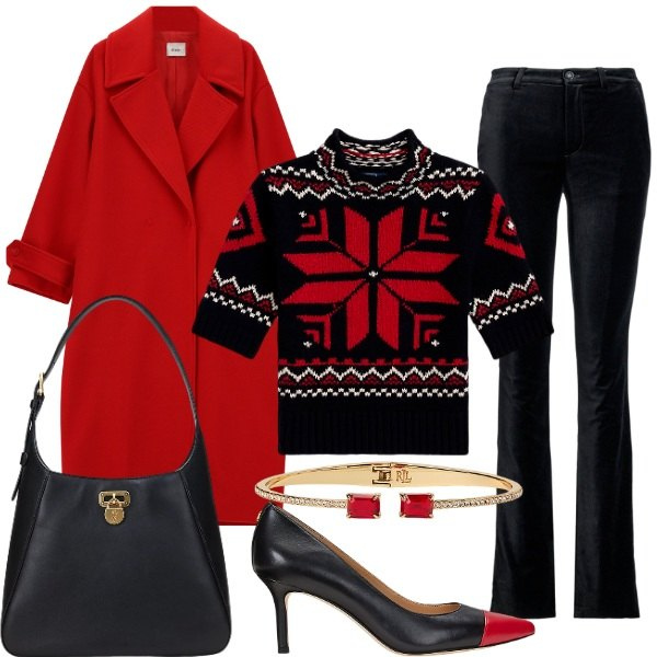 Outfit donna - Red passion. Stile Romantica per Serata fuori. Abbinamento con cappotti, borse a spalla, pantaloni, braccialetti, décolleté, maglieria.