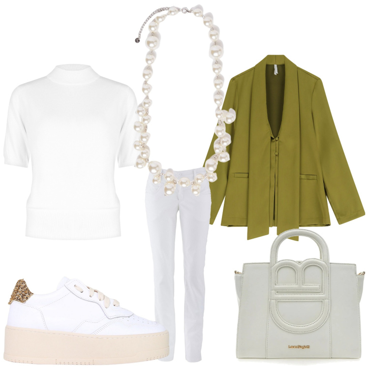Outfit donna - Bianca. Stile Casual per Tutti i giorni. Abbinamento con pantaloni, maglieria, sneakers, blazer, collane, borse a tracolla.