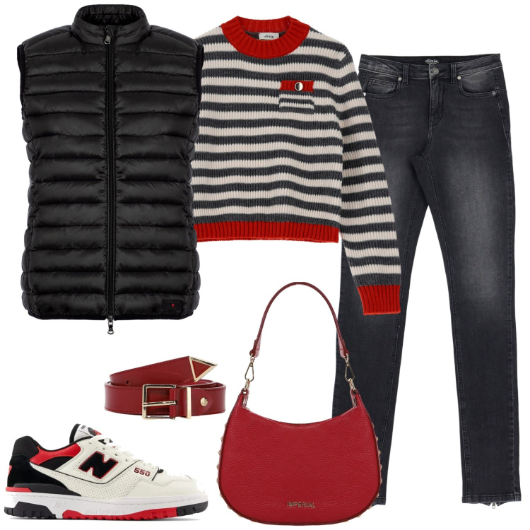 Outfit donna - Rosso e nero. Stile Casual per Tutti i giorni. Abbinamento con sneakers, borse a spalla, cinture, jeans, maglieria, piumini.