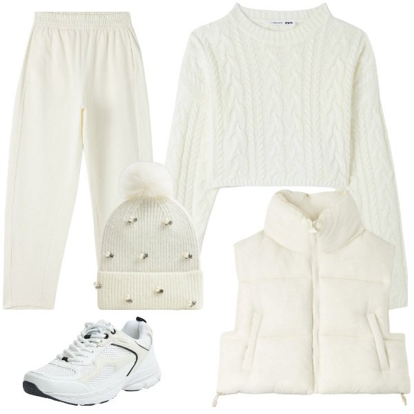 Outfit donna - Inverno in bianco. Stile Casual per Tutti i giorni. Abbinamento con berretti, pantaloni, piumini, maglieria, sneakers.