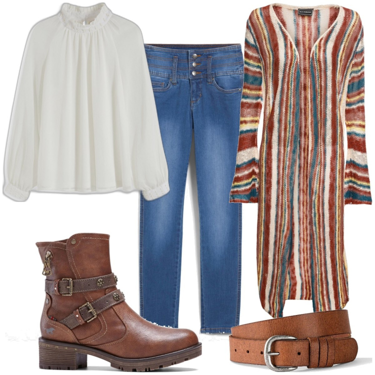 Outfit donna - Total look #2032900. Stile Boho per Tutti i giorni. Abbinamento con cardigans, cinture, jeans, bluse, stivaletti.