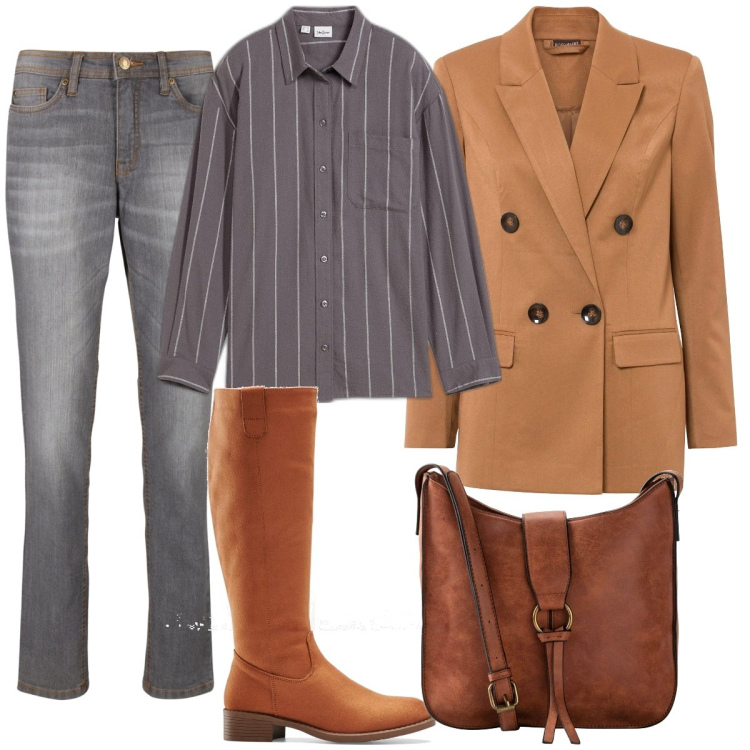 Outfit donna - Total look #2032907. Stile Casual chic per Ufficio. Abbinamento con borse a tracolla, jeans mom, stivali, blazer, camicie.